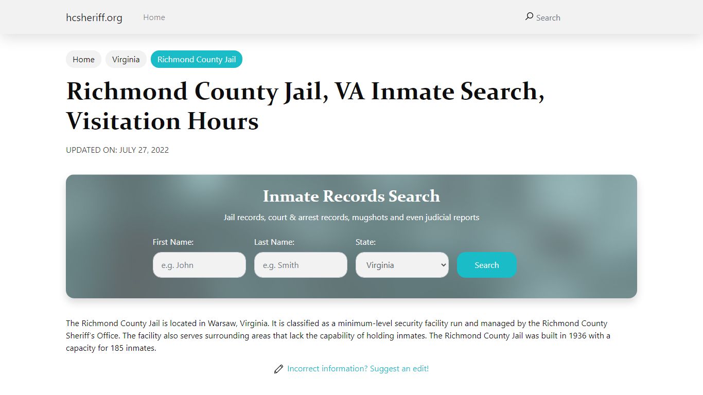 Richmond County Jail, VA Inmate Search, Visitation Hours